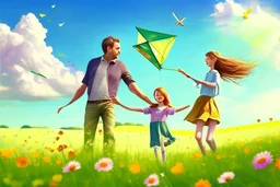 a father, a girl and a boy with a kite flying in the sky on the green field with flowers in sunshine