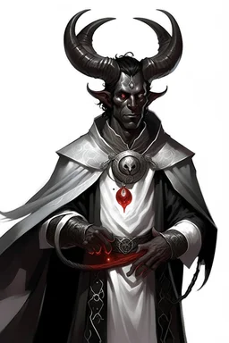 En Young male black skin black hair tiefling Wizard with large horns glowing Silver and White symbols Everywhere on his body. He's wearing silver and White Rope and a silver cloak. His horn a perfectly place on acet from the front to the back pointing upwards with glowing Red cat Eyes. His close is elegant get simple his horns Are Same size.