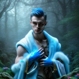 crazy detail, magical forest background, waterfall, blue but cloudy skies,close up of body of cute vampire poet wearing soft robes and blue gloves,dark stone statue, lively eyes,hidden hands, framed by foliage, shiny eyes, holding up scroll