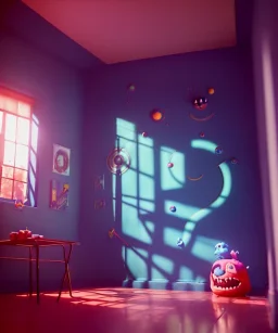 Ultra Realistic Room image with big sweet monster, Kandinsky artist style, highly detailed, unreal engine 5, RTX, ultra detail, volumetric lighting, finely drawn, high definition, high resolution.