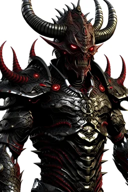 Alien muscular armored body, covered in metallic and organic scales that shimmer with a dark, molten glow.head is adorned with sharp, metallic horns that curve backward. eyes glow red. circuit-like patterns tattoos,wear a spiked leather jacket, metal spikes and chains,arms and legs are muscular and clawed