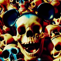 a picture of a dark, comedic, anatomically correct wall of red white and blue tightly packed stacked skulls of varying sizes and expressions, photo realistic, insanely meticulous, highly detailed, part of a collection of bones on display, 64k, dystopian, vray, anatomically correct
