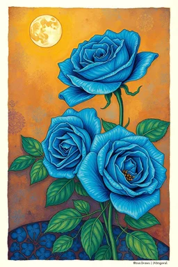 Surreal-dadaism of beautiful blue roses fauvism mondrial by Ross Draws,Andy Kehoe, Hokusai, bold colors,gold foil, zentangle art by Norman Rockwel