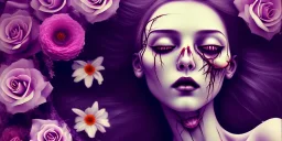 dead girl buried in flowers, beautiful, eyes closed, laying down, gothic, decapitated head