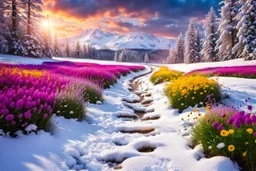 a field filled with lots of flowers next to a forest, footsteps in the snow, splashes of colors, path, very attractive and beautiful clouds, ( land ), pathway, color splashes, beautiful view, soft edges, stunning screensaver.