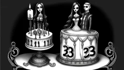 draw a birthday cake with logo number 23 and one candle 23 .Insanely detailed Addams Family with Barbie dolls