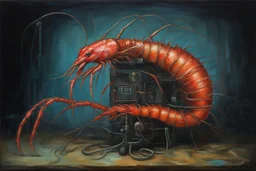 text "DESPAIR OF HOPE" in shaky writing, failing upward metaphoric anthropomorphic paunchy prawn bear hybrid with a distended belly connected to an EKG machine, photo negative glitchy, phantasmagoric, surreal, moody, profound, dramatic, matte oil painting, fantastical, creepy