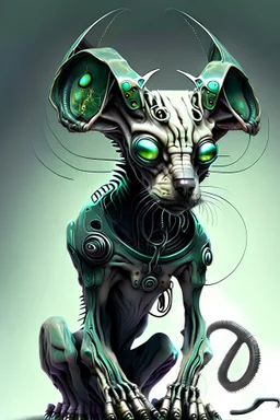 Alien as hybrid of human hands, dog head, elephant ears, scary eyes, cat posture, he wears casual look cybernetic outfit