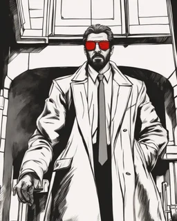 a young man with big muscles who looks like hans gruber wearing a heavy coat and red sunglasses staring with an irritated look on his face