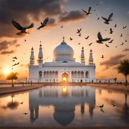 Hyper Realistic Kartarpur Sikh Shrine with Cloudy Sunset & Birds Flying Showing dramatic & cinematic ambiance