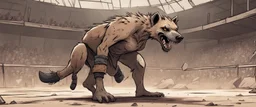 anthro hyena pit fighter inside an arena, post-apocalyptic, comic drawing
