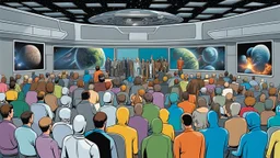 photo from the futuristic waiting room of a studio, a large crowd waits in a giant room. the aliens mutant humans, strange fantastical creatures, droids, and a few human-like beings of all sizes, colors, shaped and looks, standing and sitting in the crowd. high detalied, sharp focus, photorealistic, sci-fi style Professional photography, bokeh, natural lighting, canon lens, shot on dslr 64 megapixels sharp focus, photorealistic