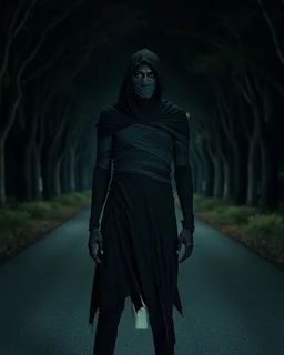 a stalky darkman standing with gaps between the bandage wraps revealing a hollow emptiness, on a treed roadway at night