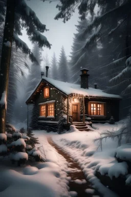 Atmosfera natalizia con casa nel bosco