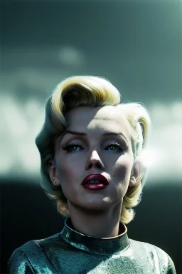 Ultra Realistic retro sci-fi scene, portrait, blonde woman, sweet young Marilyn Monroe face, perfect iris, tight latex coat, helmet, Strange planet background. Spaceship, fog, rain, soft color, highly detailed, unreal engine 5, ray tracing, RTX, lumen lighting, ultra detail, volumetric lighting, 3d, finely drawn, high definition, high resolution.