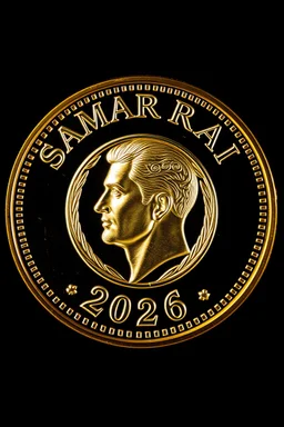 view of the word, SamarrraiAI 2026, on a golden , with picture of , man head in the middle of the coin
