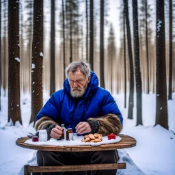 a sad Finnish man without food on his plate, outside his house in the forest, Winter, snow, very cold, Finnish flag down at half way up, Finnish flag, a bottle of Koskenkorva in his hand, knifes and sauna