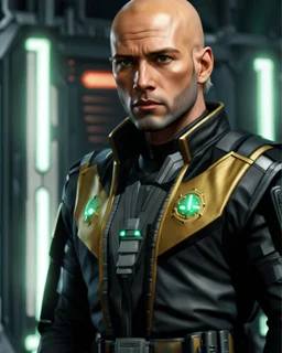 star wars bald male corellian jedi pilot wearing black and gunmetal grey old republic armored robes with gold trim inside the jedi temple holding a lightsaber with viridian green blade in left hand, centered head and shoulders portrait, hyperdetailed, dynamic lighting, hyperdetailed background, 8k resolution, volumetric lighting, light skin, fully symmetric details