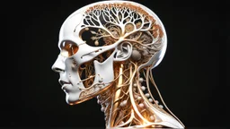 3D rendering of Expressively detailed and intricate of a hyperrealistic “human anatomy”: side view, scientific, single object, glossy white, shinning gold, vines, tribalism, black background, shamanism, cosmic fractals, octane render, 8k post-production, detailled metalic bones, dendritic, artstation: award-winning: professional portrait: atmospheric: commanding: fantastical: clarity: 16k: ultra quality: striking: brilliance: stunning colors: amazing depth