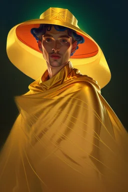 beautiful painting of a extremely handsome man in a golden cape and yellow hat, with multiple eyes on his body in the style of Gustav Klimt. full body portrait features geometric shapes, beautiful colors, golden light, and a dark background. the composition is beautiful, with sharp focus and high resolution.