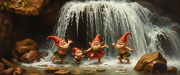 master oil painting by Rembrandt,cute trolls dancing inside waterfall