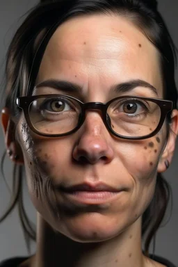 Mujer de 30 años frente inmensa con piel muy grasa, granos en la cara y lentes 👓