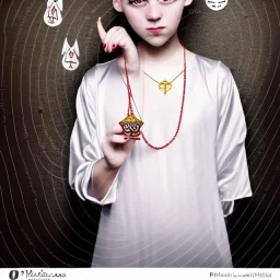 Realistic photo Russian shorthair tomboy with symbol of the king of evil amulet on the neck boyish face men's look boys face boylike in lacy girlish nightgown in girlish room with amulets symbol of the king of evil on the wall of the lord of evil and the king of the underworld of evil forces