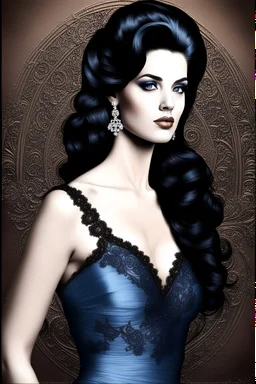 dark brown wood panel background with an overhead spotlight effect, 18-year-old Princess, Wendy Breeze, Resembled Elvis Presley, Queen of Werewolves, with Black hair, blue eyes, stacked, head and shoulders portrait, wearing a blue, lacy Prom dress with a tiara, full color -- Absolute Reality v6, Absolute reality, Realism Engine XL - v1