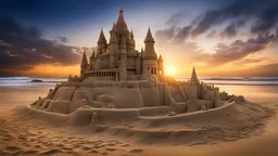 (masterpiece), a unbelivable fortifeid sand castle, beach, dim light, sunset, ultra realistic, HDR, intricate details,