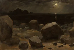 Night, rocks, one person, begginer's landscape, friedrich eckenfelder and willem maris impressionism paintings