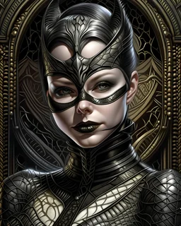 Young faced voidcore etherial catwoman catwoman portrait adorned with leather r ivory filigree caved catwoman masque with metallic filigree catwoman ribbed mineral stone ornated ivory masque and ivory caved and leather and mineral stone ribbed cat woman dress organic bio spinal ribbed detail of voidcore decadent gothica background extremely detailed hyperrealistic maximálist concept portrait art