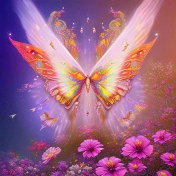 A world full of shimmering butterflies with spread out wings and light, graceful movement. This land is beautifully colored and surrounded by a picturesque landscape with trees, flowers, and singing birds. The butterflies are visible against the background of this peaceful, harmonious world.