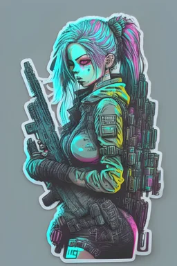 sticker, cyberpunk girl with gun, chalk color drawing, highly detailed clean, 3D vector image