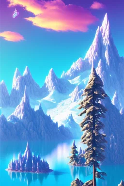 mountain with ice-cream on top, lake, trees, mystical, synthwave,