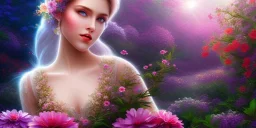 bright fairy, beautiful portrait, flowery landscape