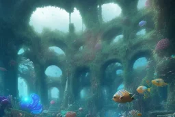 an ancient sunken temple structure, overgrown, mystical underwater shot, colorful coral reef, filtered diffraction lighting, fantasy digital art, trending on artstation