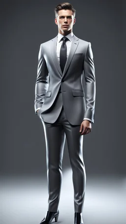 Hombre con traje y corbata moda futurista elegante, color gris, calidad ultra, hiperdetallada, 12k, full body