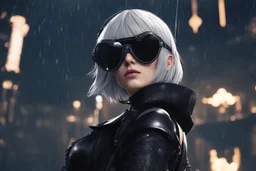 Beautiful 2B with sunglasses in 8k nier automata artstyle, 2B Custom, blindfold, close picture, rain, fantasy world, intricate details, highly detailed, high details, detailed portrait, masterpiece,ultra detailed, ultra quality