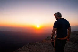 a brawny man with grey hair views sunset from a cliff