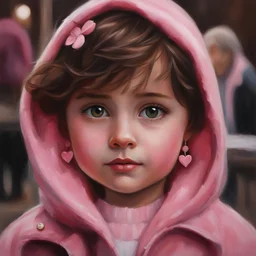 Painting of a little girl with lovely eyes and short brown hair in a pink jacket and heart earrings, hazel eyes, cute face, oil pastel, oil pastel painting, oil painting, painting style