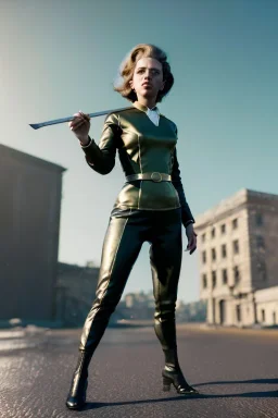 retro portrait image from 1960, city background, wind, long hair, fighting stance, young Scarlett Johansson, classic black tight lycra suit, metal stick weapon, gold bracelet and belt, high heel boots, soft color, highly detailed, unreal engine 5, ray tracing, RTX, lumen lighting, ultra detail, volumetric lighting, 3d, finely drawn, high definition, high resolution.