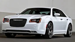 "A sleek white Chrysler 300 with custom LED headlights and smoked taillights, featuring a mesh grille in chrome with black accents. It has a subtle carbon fiber ducktail spoiler, sitting on 22” multi-spoke concave wheels in brushed silver. The suspension is lowered slightly for a more aggressive stance, while the body is painted a glossy black. The interior boasts custom leather upholstery with ambient lighting for a refined, luxurious look."