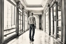 man in jeans and a shirt, back to the camera, standing in a row of doors, looking out through a doorway