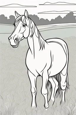 coloring page, horse in a grassy meadow, cartoon style, thick lines, low detail, no shading