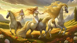 Fantasy digital art: fairies with golden hair, and white dresses descend from fluffy clouds towards a meadow with brown horses