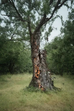 a blurry, distressing, haunting image of a tree torn in half