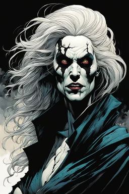 create a terrifying, ethereal, otherworldly gaunt and withered ancient female Bruxa vampire , in the comic book art style of Mike Mignola, Bill Sienkiewicz, John Romita Jr., Leonardo Romero, Simone D'ARMINI, and Jean Giraud Moebius, with highly detailed and sharply defined feminine facial features , finely penciled and inked , dramatic natural lighting