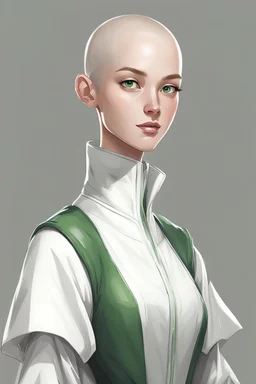full length colour drawing, portrait, 22-year old friendly slender female human cleric, shaved head, light eyebrows, grey eyes, wearing white (10%0 and dark green (80%)
