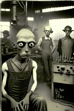 1900's black and white vintage photo, interior, working ((alien))::10 organ manufacturing factory steampunk warehouse, unhappy and angry,stange long grey alien human hybrid creature with a family that is super sad and are full of crazy anxiety, captured on square format film, grainy brown, aged, young men, depressed, tired, in their buzzcut era