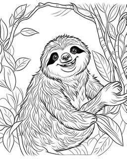 create a 2d black outline, "safari smiling cartoon sloth on a branch coloring book for kids", coloring page, low details design, black contour, coloring page design, simple background, colorful , card style, coloring page for kids, white background, sketch style, safari landscape, cartoon style